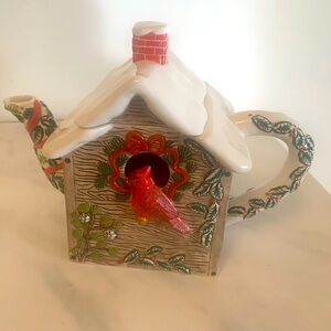 American Atelier Xmas Woodland Ceramic Teapot Birdhouse Shape Cardinal/Holly